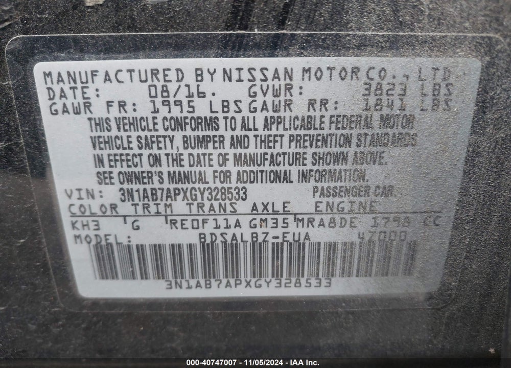 2016 NISSAN SENTRA S VIN: 3N1AB7APXGY328533
