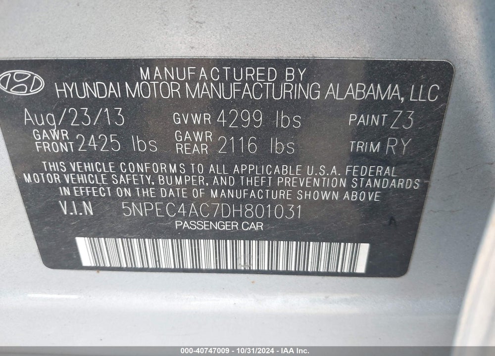 2013 HYUNDAI SONATA SE VIN: 5NPEC4AC7DH801031