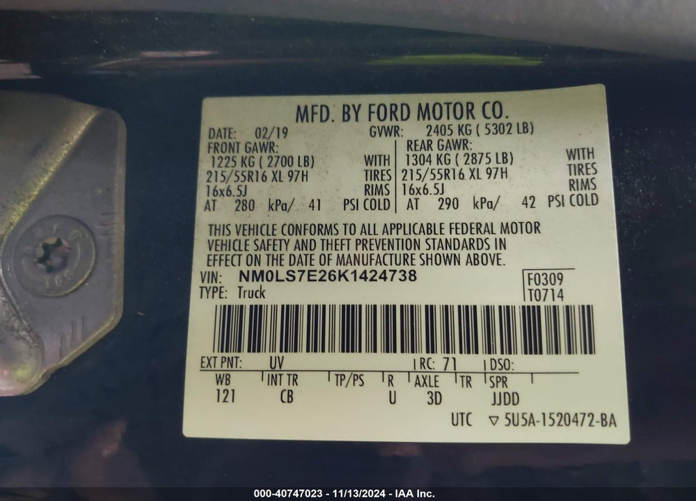 2019 FORD TRANSIT CONNECT XL VIN: NM0LS7E26K1424738