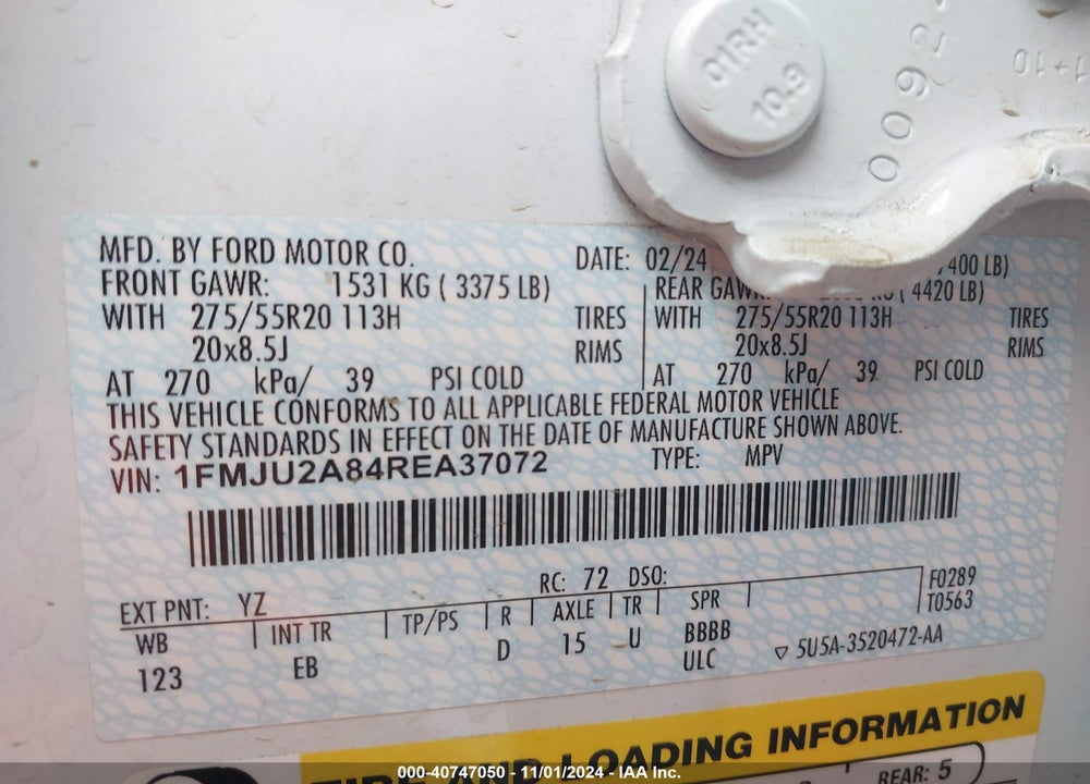 2024 FORD EXPEDITION LIMITED VIN: 1FMJU2A84REA37072