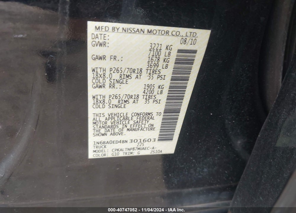 2011 NISSAN TITAN SV VIN: 1N6BA0ED4BN301603
