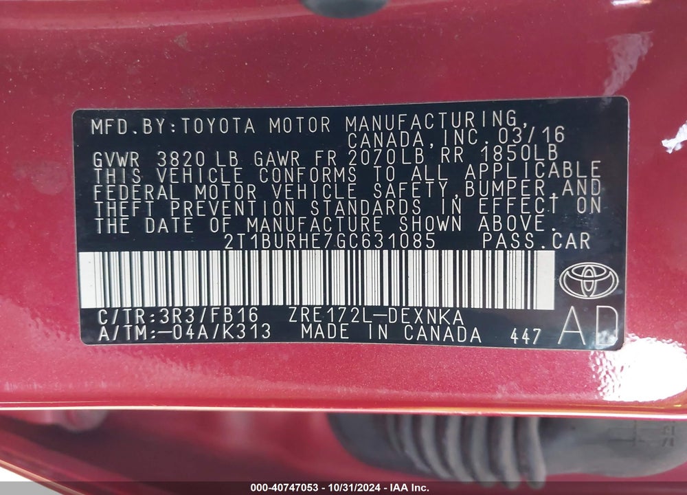 2016 TOYOTA COROLLA LE VIN: 2T1BURHE7GC631085