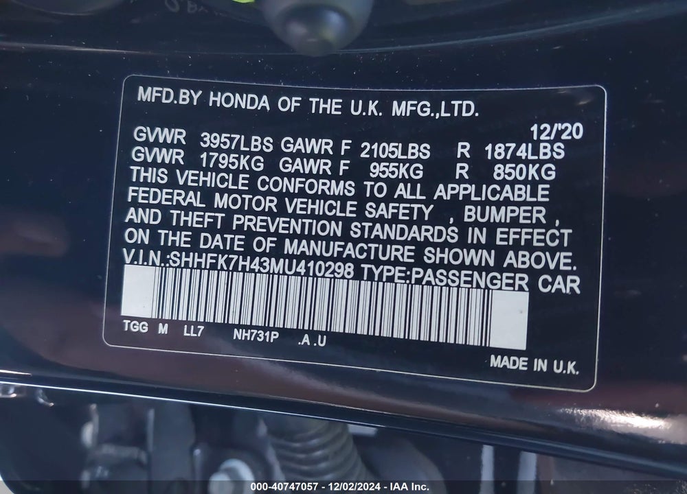 2021 HONDA CIVIC SPORT VIN: SHHFK7H43MU410298
