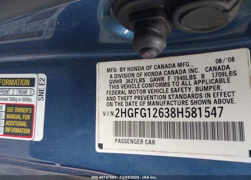 2008 HONDA CIVIC LX VIN: 2HGFG12638H581547