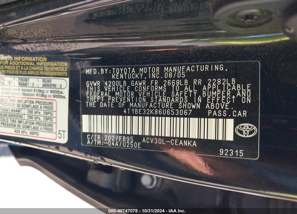 2006 TOYOTA CAMRY STD/ VIN: 4T1BE32K86U653067