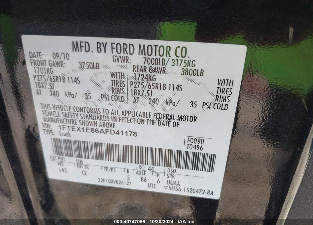 2010 FORD F-150 STX/XL/XLT VIN: 1FTEX1E86AFD41178