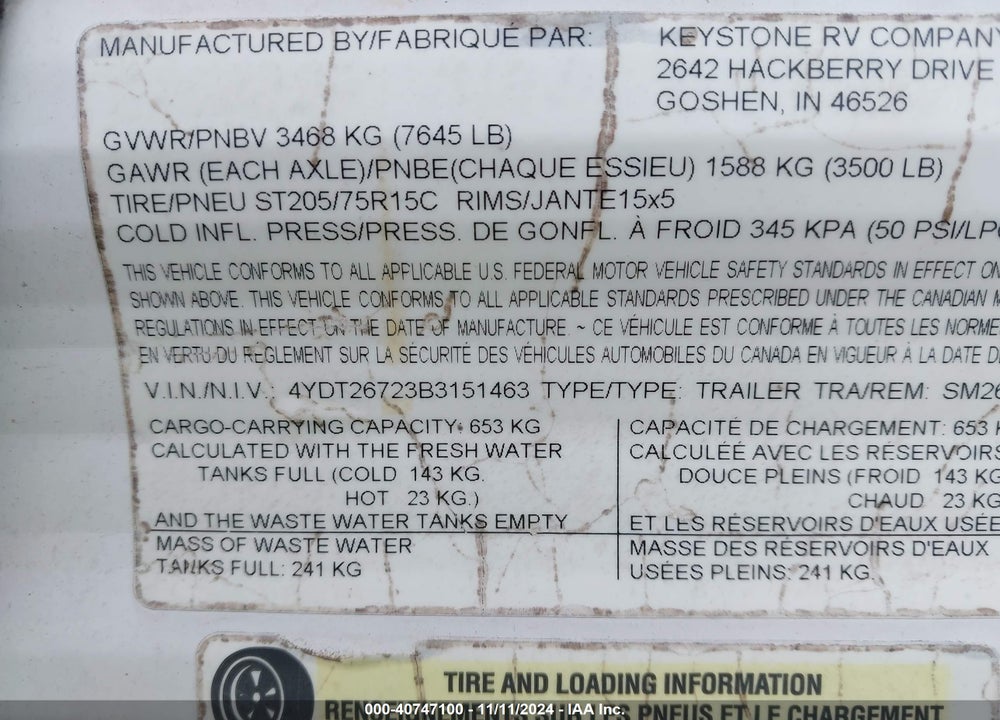 2011 KEYSTONE M2600 TB VIN: 4YDT26723B3151463
