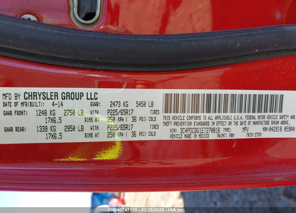 2014 DODGE JOURNEY VIN: 3C4PDCBG1ET270816