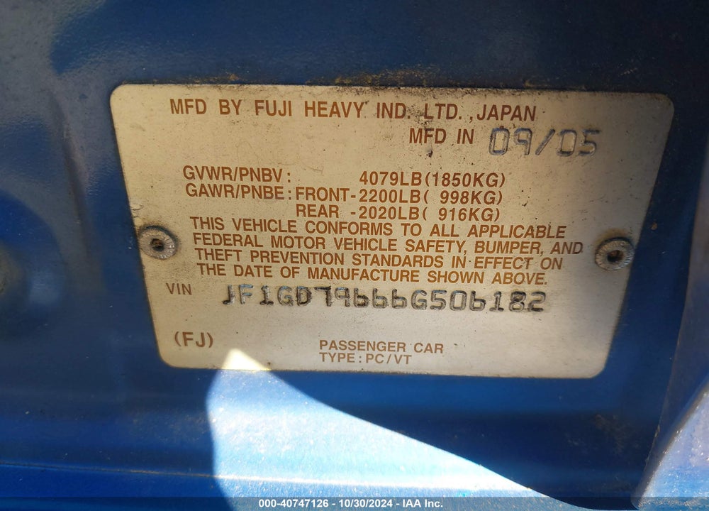 2006 SUBARU IMPREZA WRX/WRX LIMITED/WRX TR VIN: JF1GD79666G506182