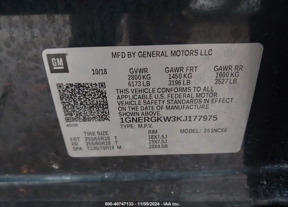 2019 CHEVROLET TRAVERSE 1LT VIN: 1GNERGKW3KJ177975