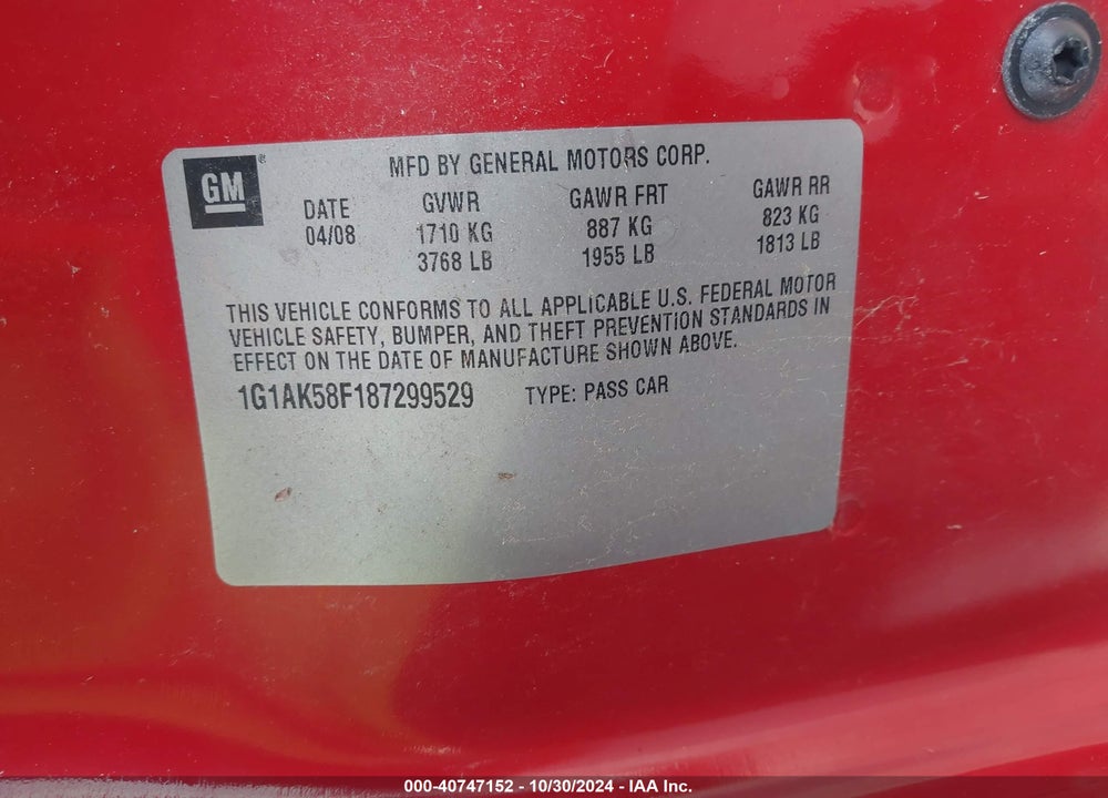 2008 CHEVROLET COBALT LS VIN: 1G1AK58F187299529