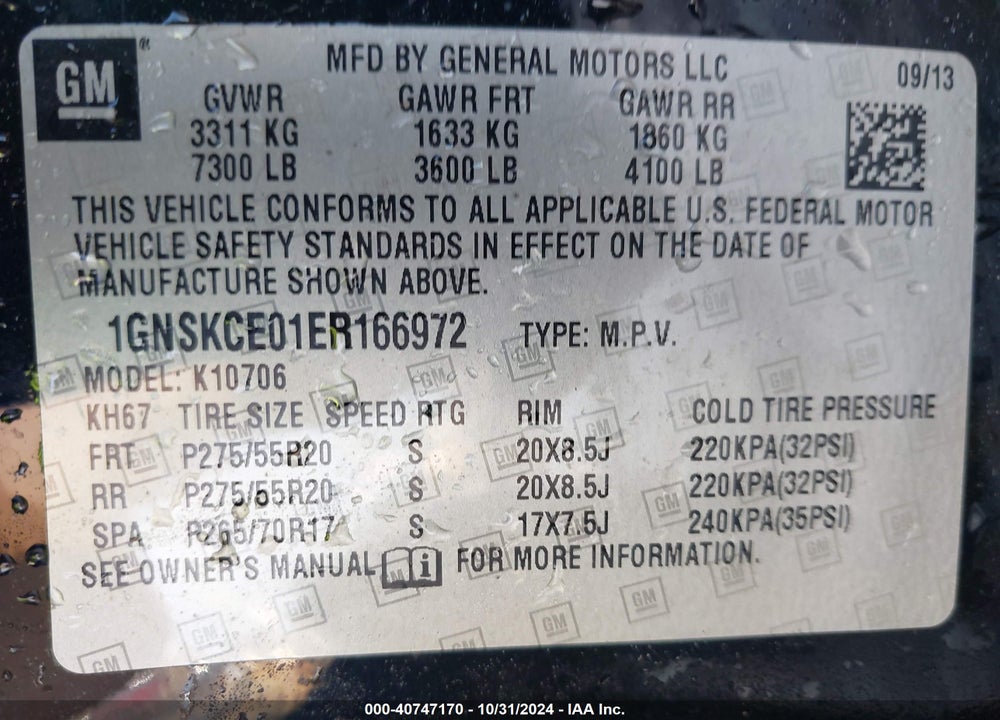 2014 CHEVROLET TAHOE LTZ VIN: 1GNSKCE01ER166972