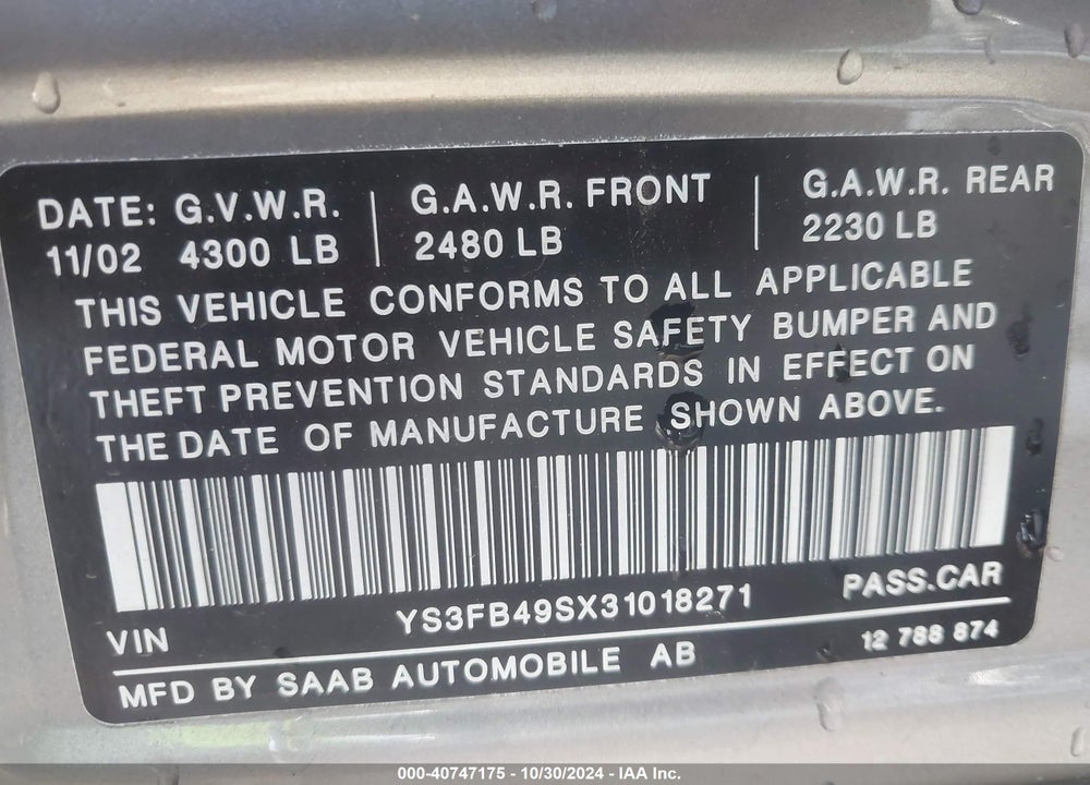 2003 SAAB 9-3 LINEAR VIN: YS3FB49SX31018271