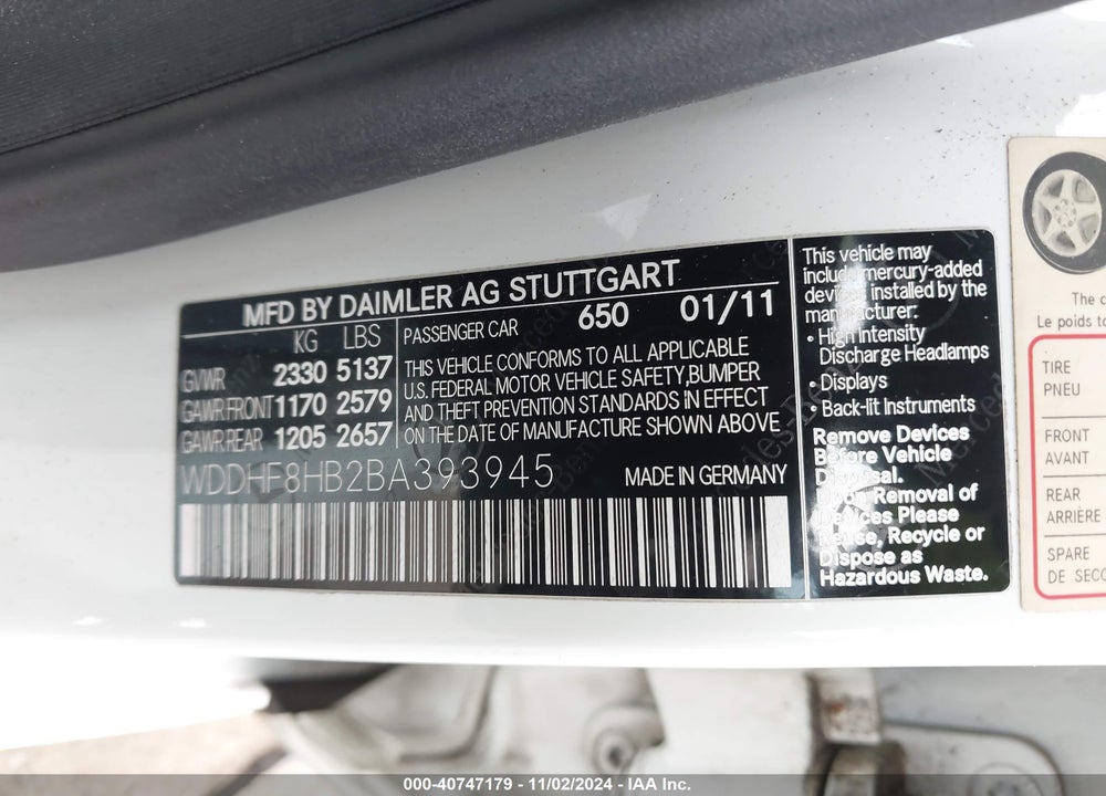 2011 MERCEDES-BENZ E 350 4MATIC VIN: WDDHF8HB2BA393945