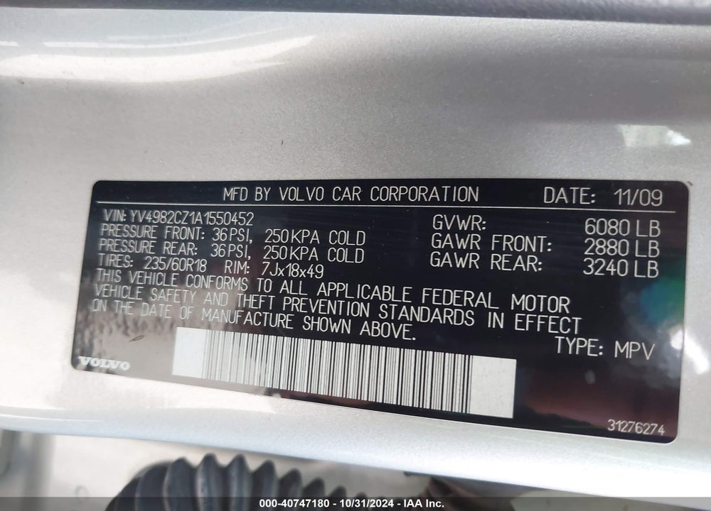 2010 VOLVO XC90 3.2 VIN: YV4982CZ1A1550452