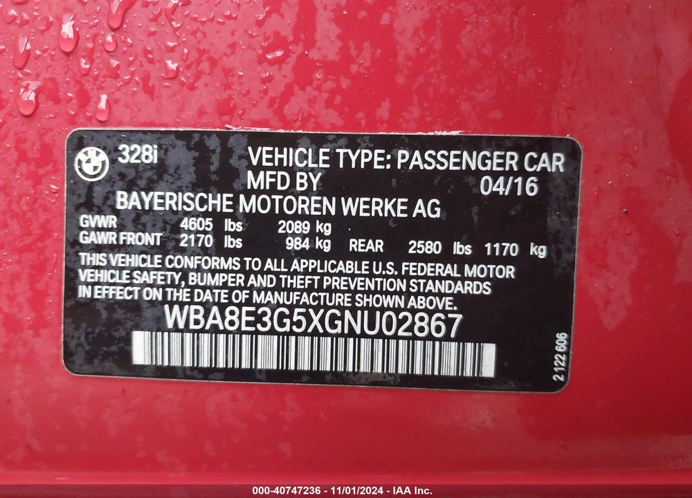 2016 BMW 328I XDRIVE VIN: WBA8E3G5XGNU02867