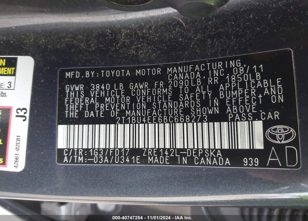 2011 TOYOTA COROLLA S VIN: 2T1BU4EE6BC668273