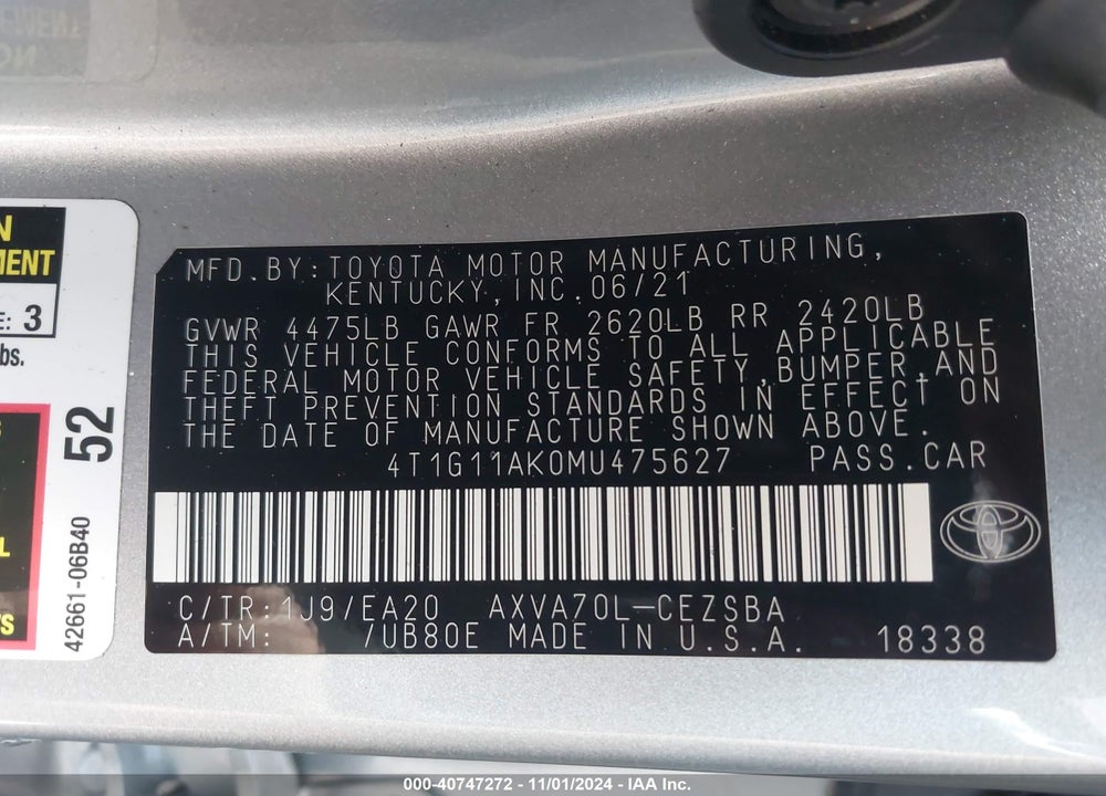 2021 TOYOTA CAMRY SE VIN: 4T1G11AK0MU475627
