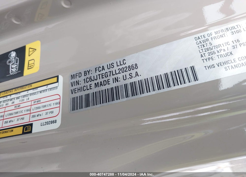 2020 JEEP GLADIATOR MOJAVE 4X4 VIN: 1C6JJTEG7LL202868