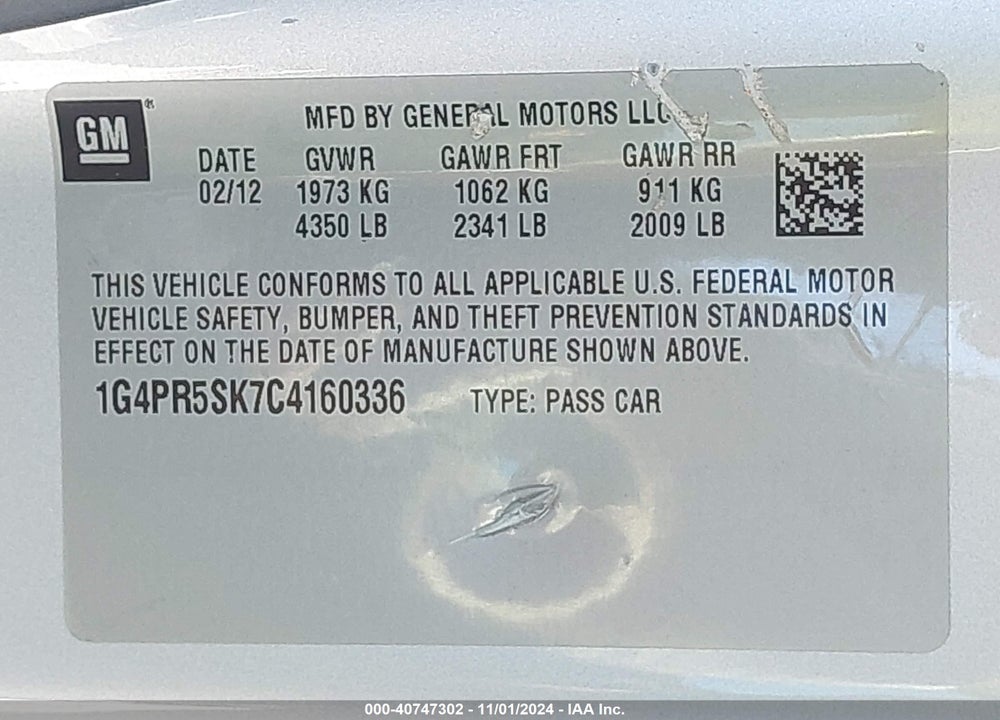 2012 BUICK VERANO CONVENIENCE GROUP VIN: 1G4PR5SK7C4160336