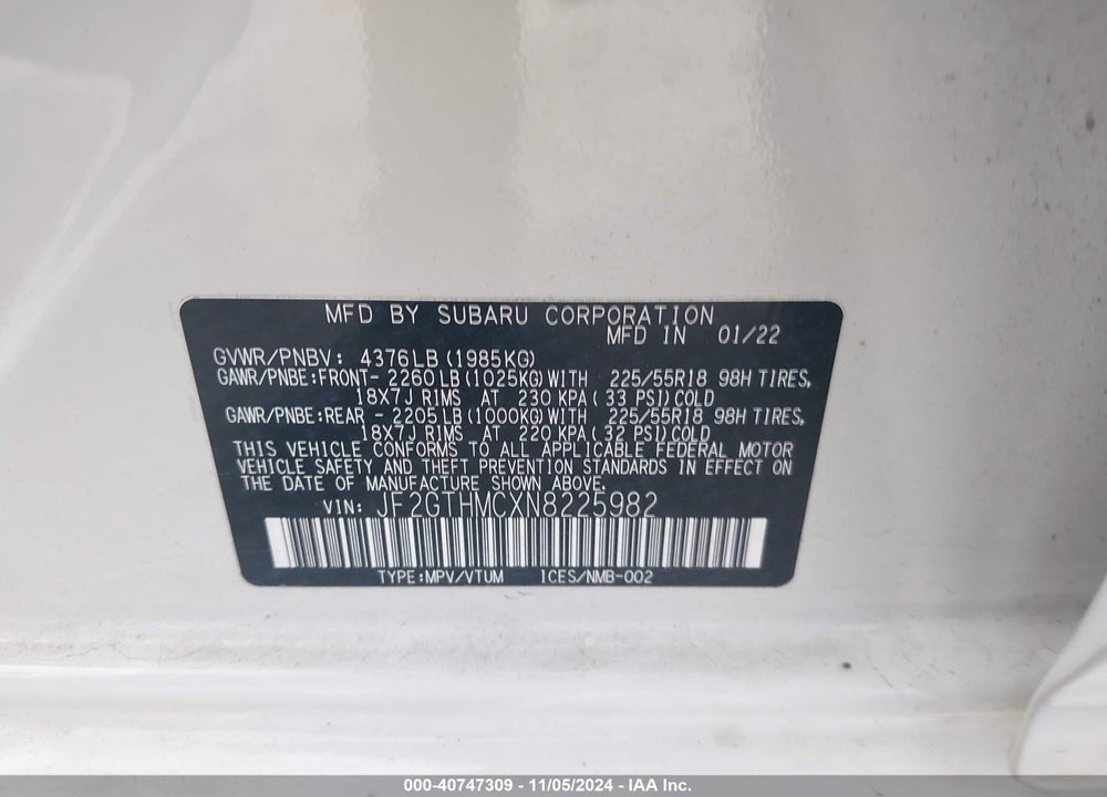 2022 SUBARU CROSSTREK LIMITED VIN: JF2GTHMCXN8225982