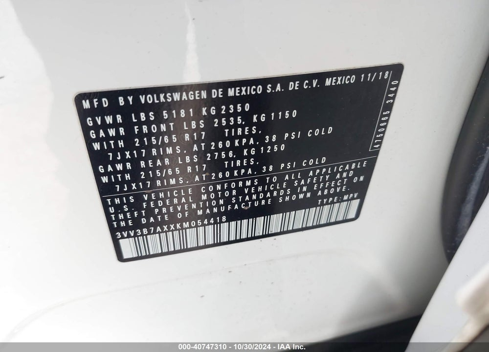 2019 VOLKSWAGEN TIGUAN 2.0T SE/2.0T SEL/2.0T SEL R-LINE/2.0T SEL R-LINE BLACK VIN: 3VV3B7AXXKM054418