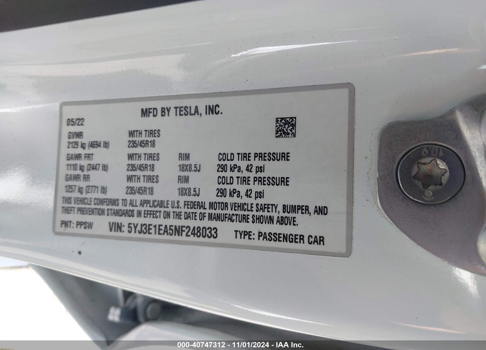 2022 TESLA MODEL 3 REAR-WHEEL DRIVE VIN: 5YJ3E1EA5NF248033
