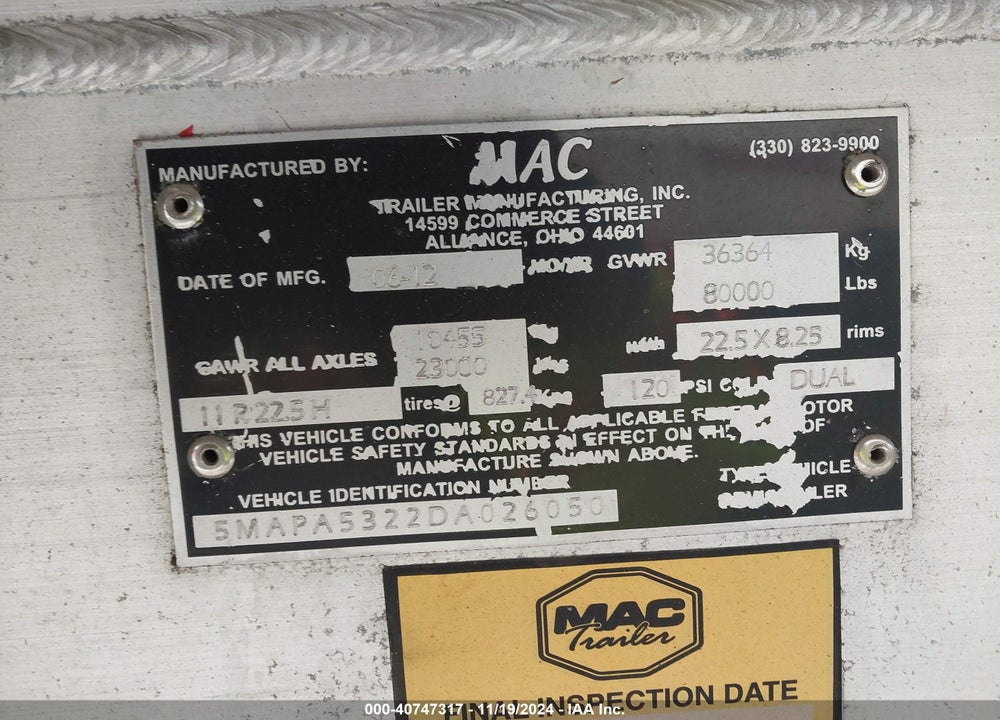 2013 MAC TRAILER MFG TRAILER VIN: 5MAPA5322DA026050