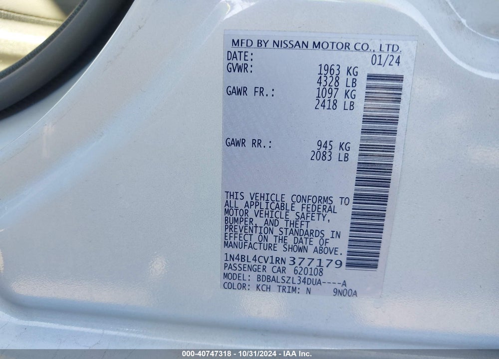 2024 NISSAN ALTIMA SR FWD VIN: 1N4BL4CV1RN377179