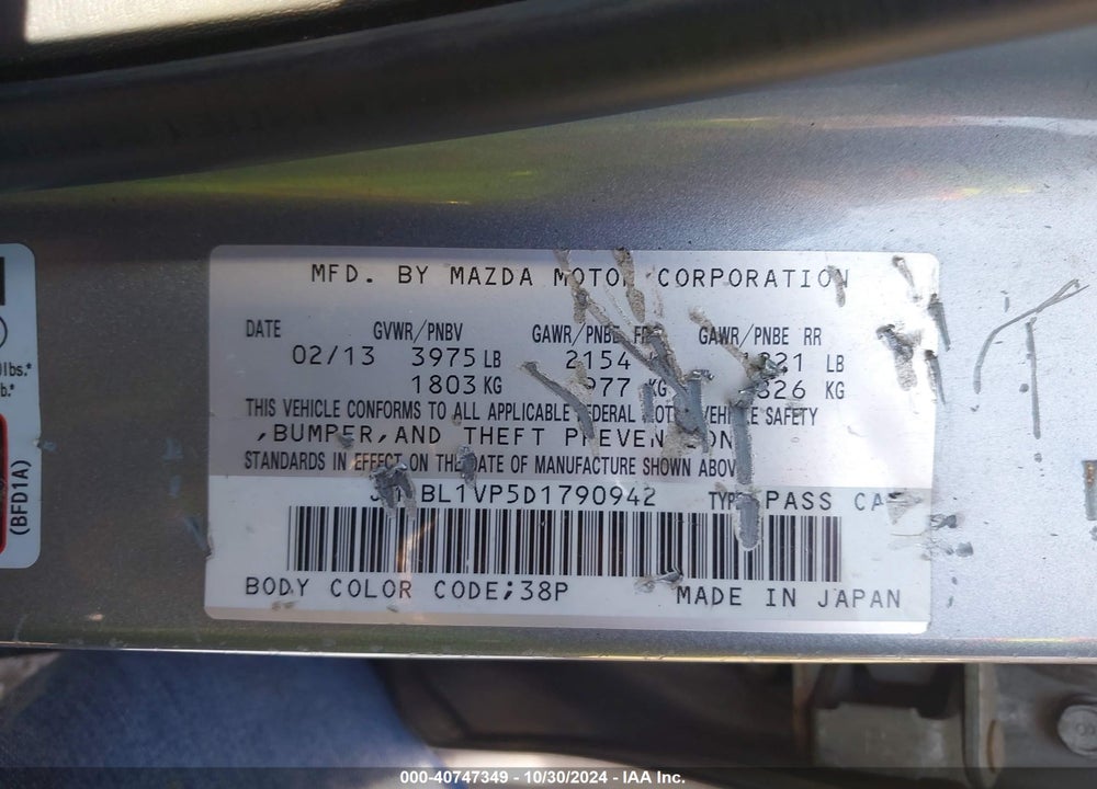 2013 MAZDA 3 I TOURING VIN: JM1BL1VP5D1790942