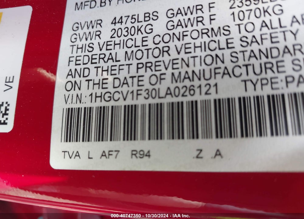2020 HONDA ACCORD SPORT VIN: 1HGCV1F30LA026121