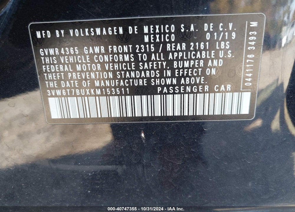 2019 VOLKSWAGEN JETTA GLI 2.0T 35TH ANNIVERSARY EDITION/2.0T AUTOBAHN/2.0T S VIN: 3VW6T7BUXKM153511