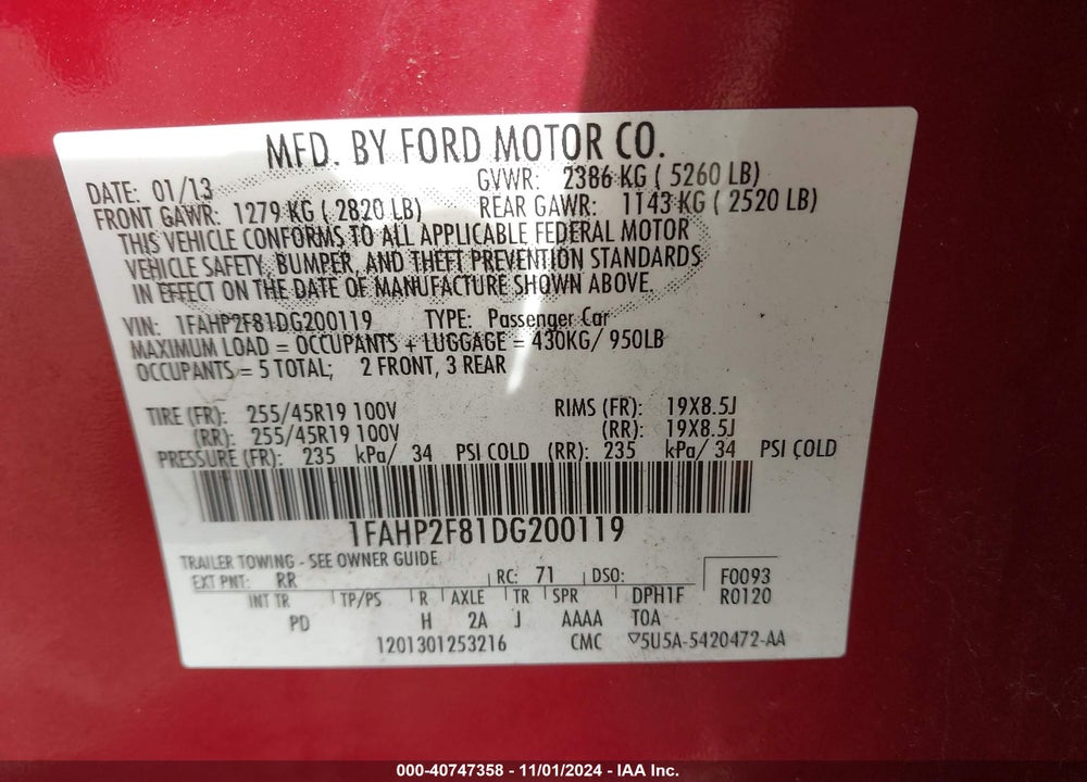 2013 FORD TAURUS LIMITED VIN: 1FAHP2F81DG200119