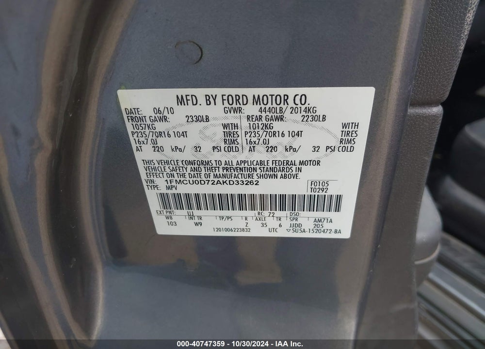 2010 FORD ESCAPE XLT VIN: 1FMCU0D72AKD33262