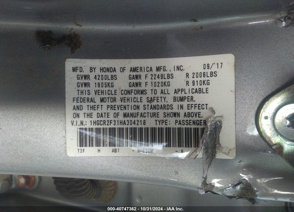 2017 HONDA ACCORD LX VIN: 1HGCR2F31HA304218