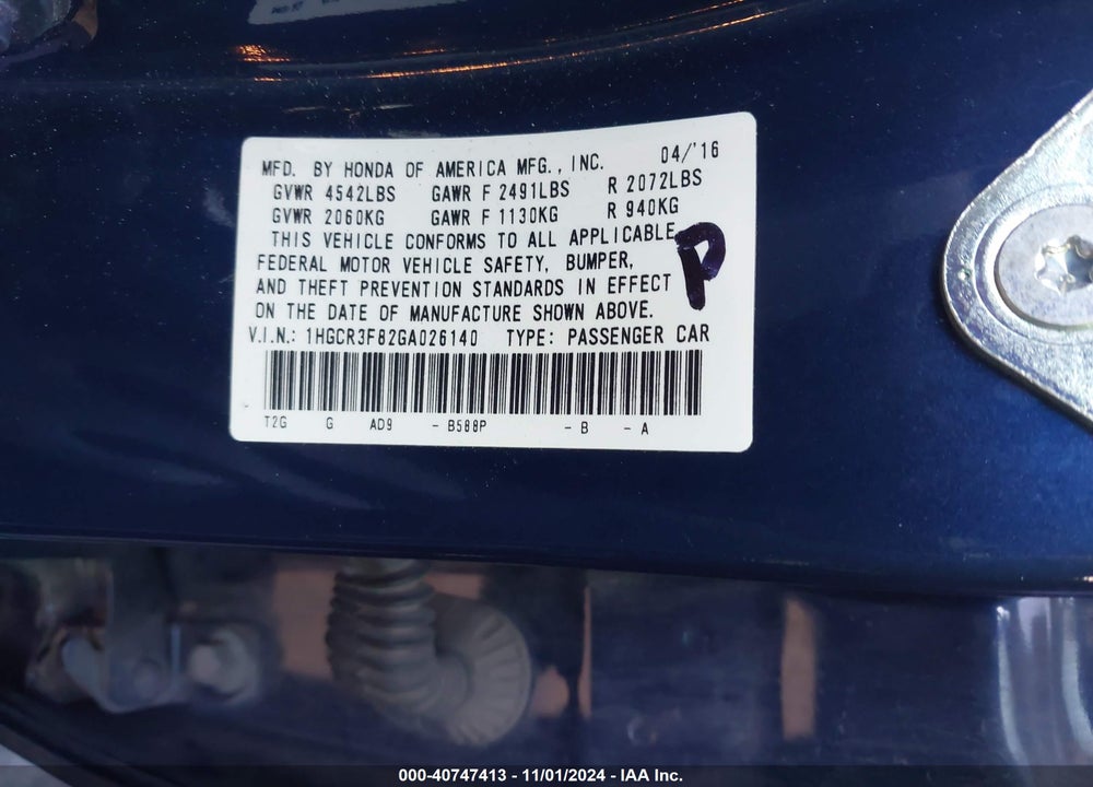 2016 HONDA ACCORD EX-L V-6 VIN: 1HGCR3F82GA026140