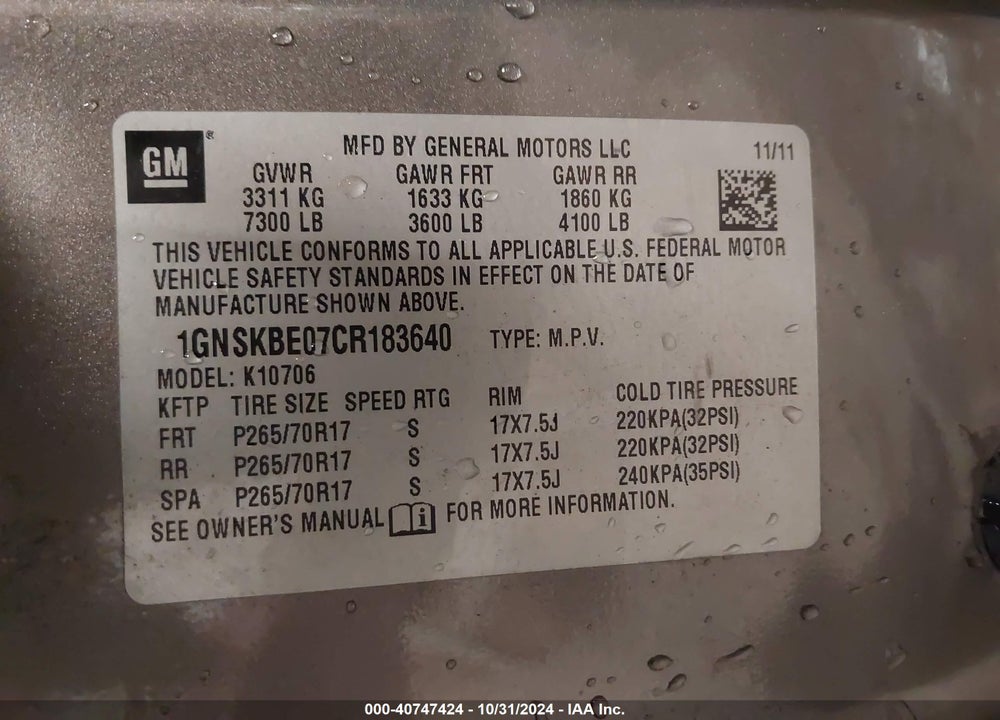 2012 CHEVROLET TAHOE LT VIN: 1GNSKBE07CR183640