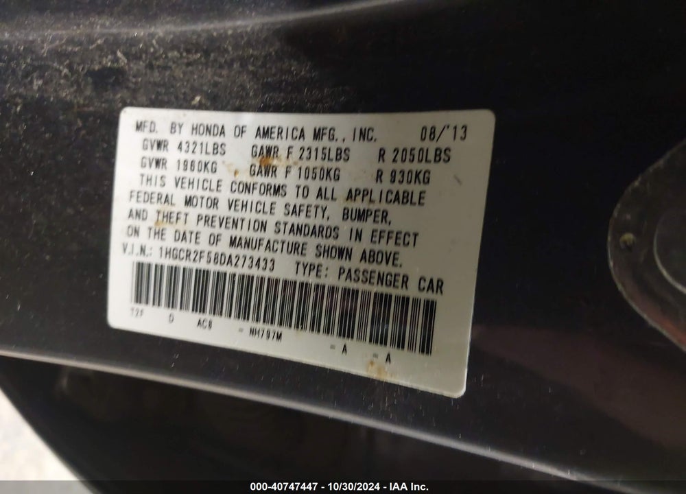 2013 HONDA ACCORD SPORT VIN: 1HGCR2F58DA273433