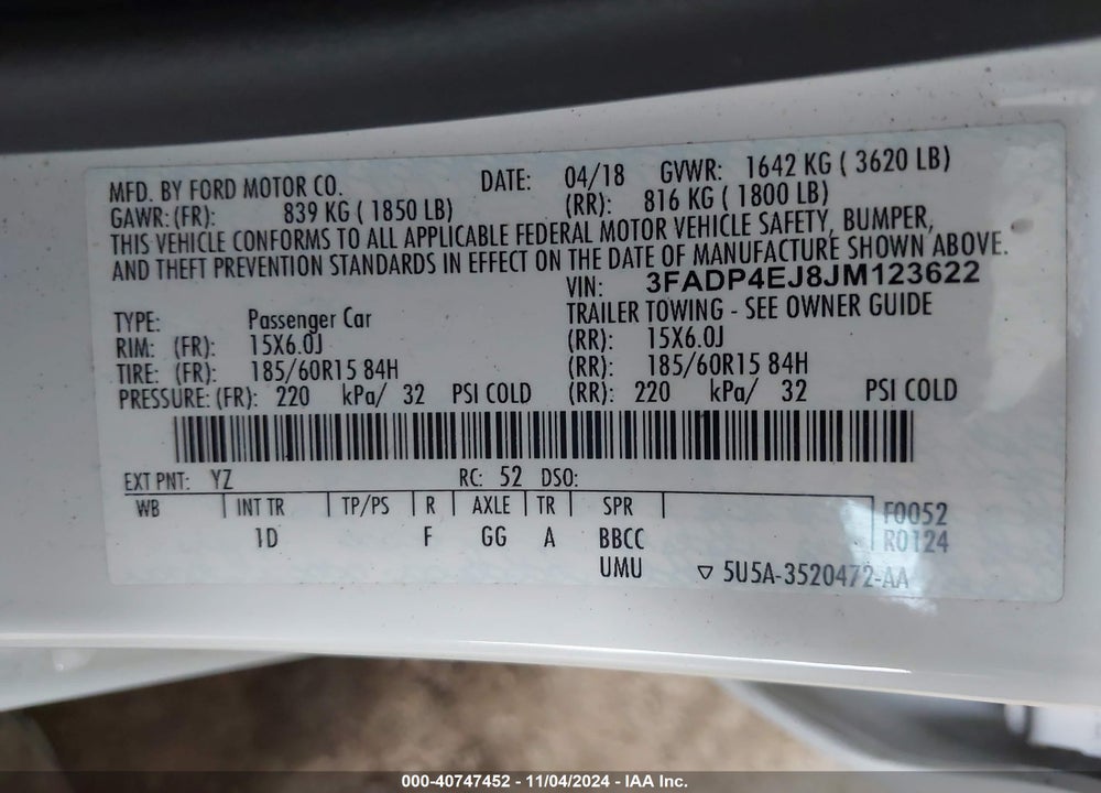 2018 FORD FIESTA SE VIN: 3FADP4EJ8JM123622