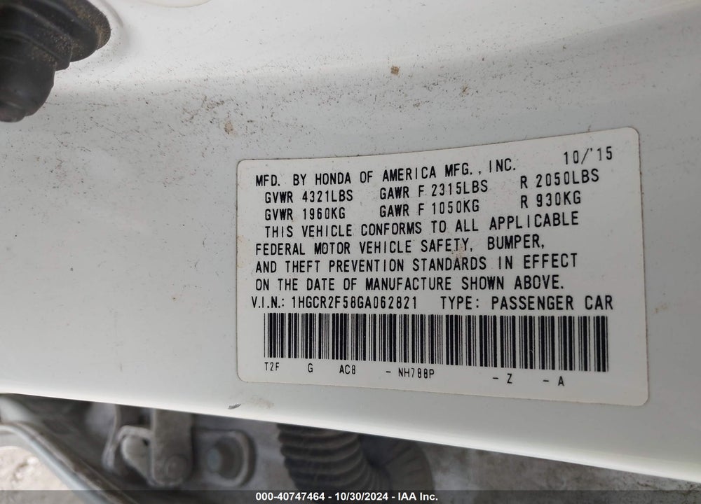 2016 HONDA ACCORD SPORT VIN: 1HGCR2F58GA062821