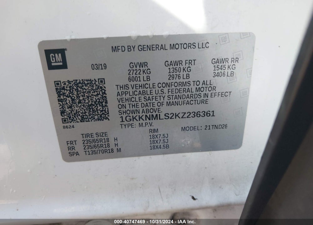 2019 GMC ACADIA SLT-1 VIN: 1GKKNMLS2KZ236361