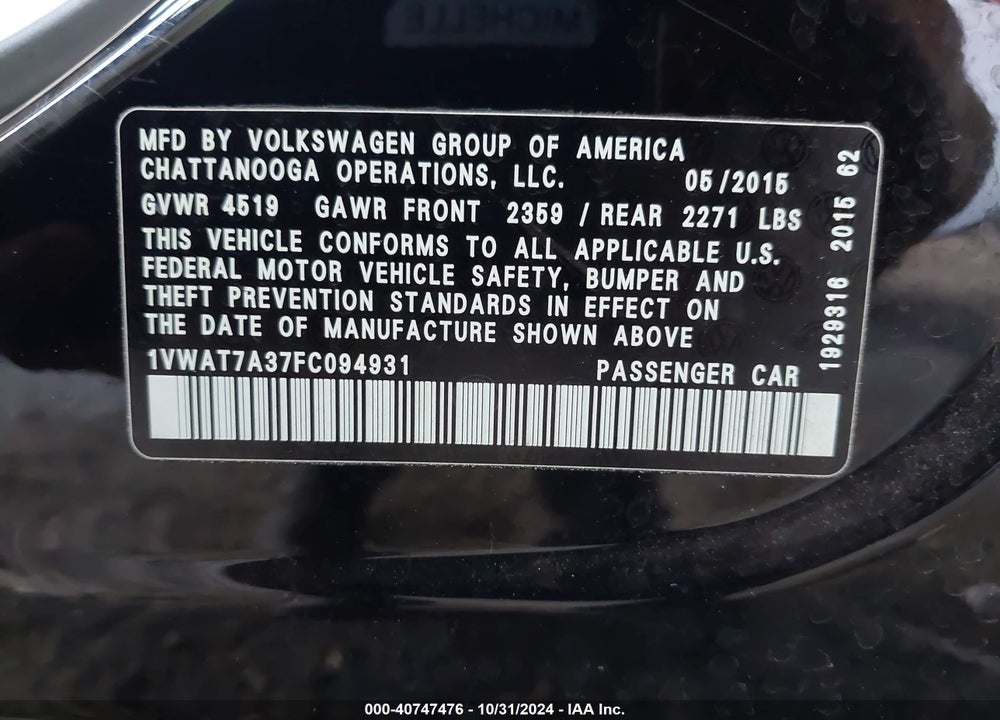 2015 VOLKSWAGEN PASSAT 1.8T LIMITED EDITION VIN: 1VWAT7A37FC094931