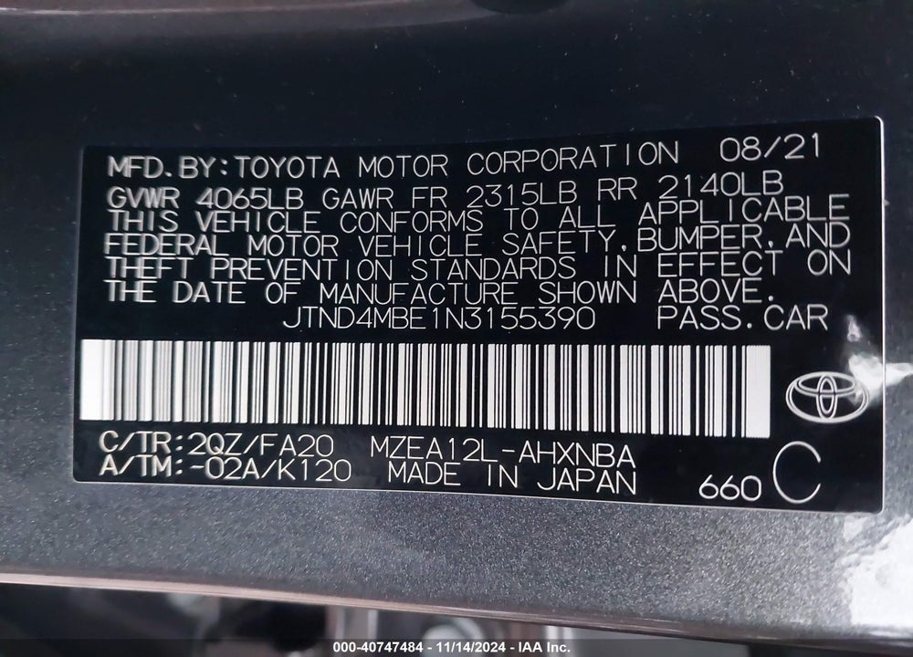 2022 TOYOTA COROLLA SE VIN: JTND4MBE1N3155390
