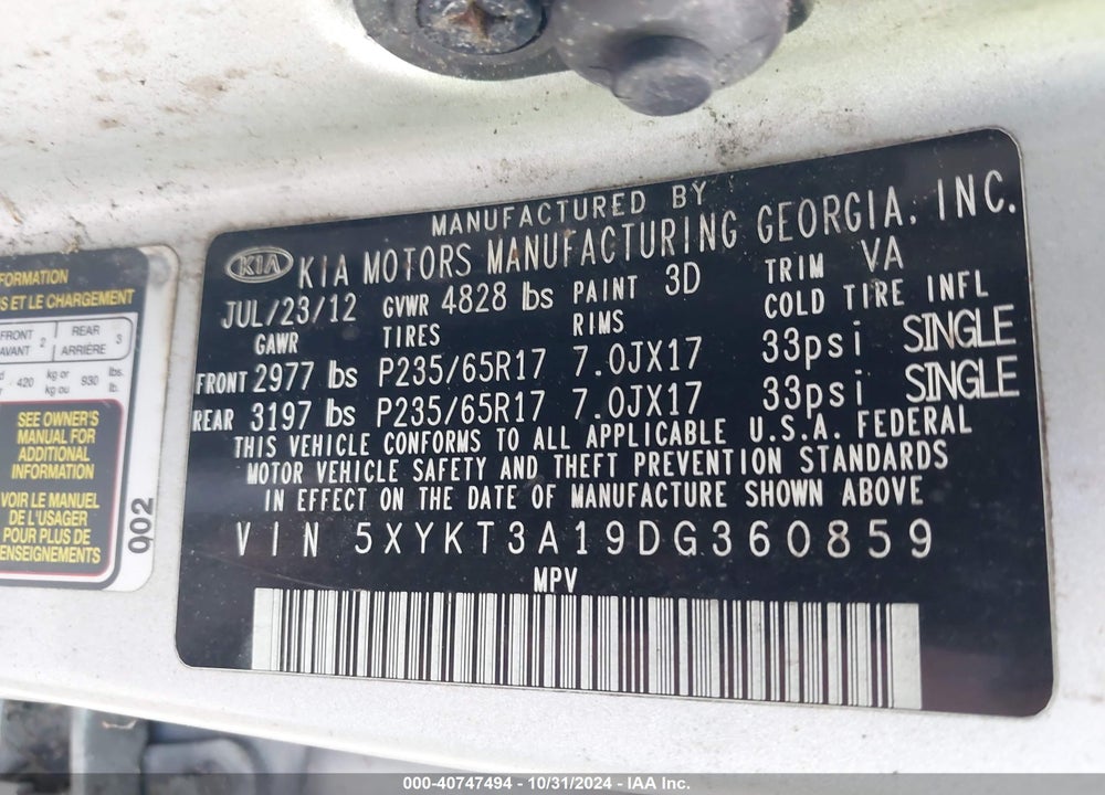 2013 KIA SORENTO LX VIN: 5XYKT3A19DG360859