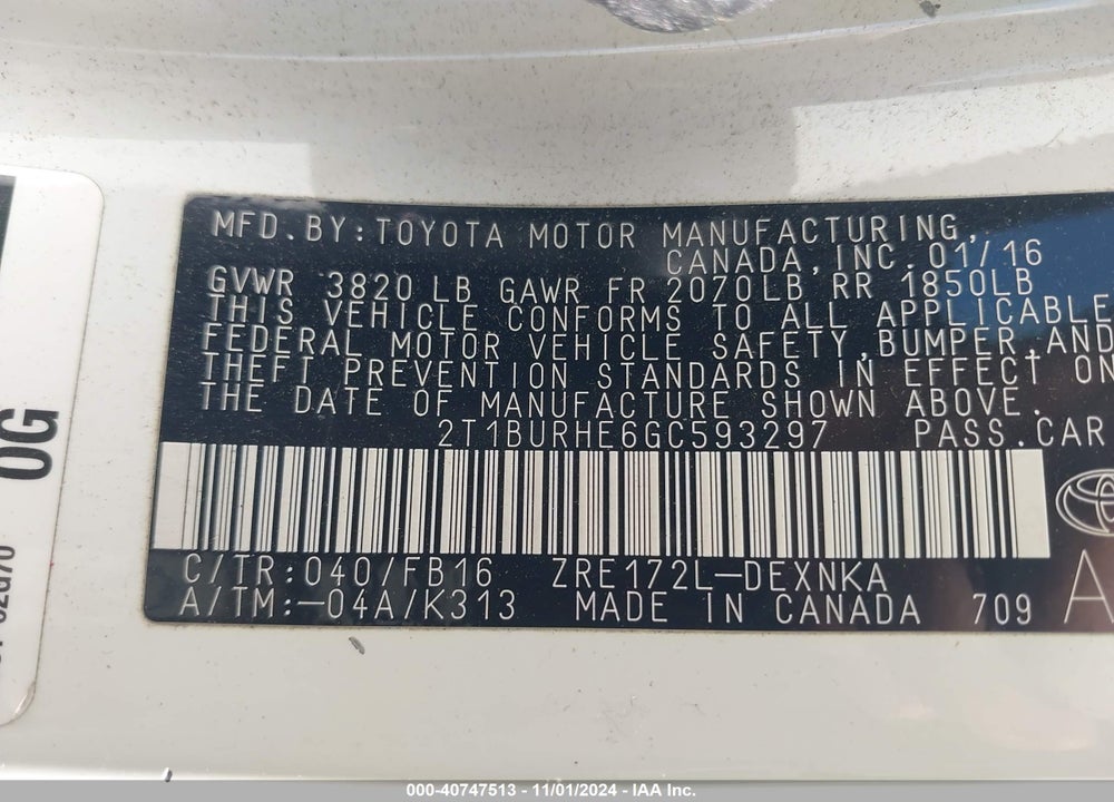 2016 TOYOTA COROLLA VIN: 2T1BURHE6GC593297