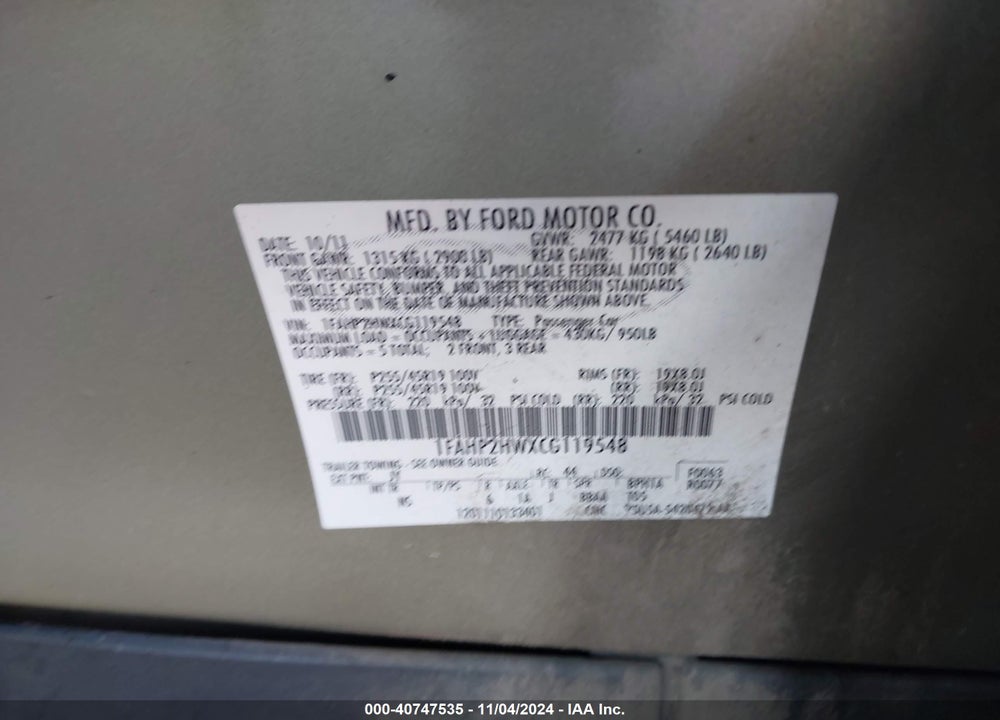 2012 FORD TAURUS SEL VIN: 1FAHP2HWXCG119548