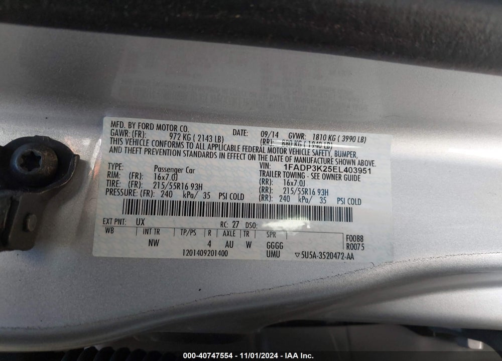 2014 FORD FOCUS SE VIN: 1FADP3K25EL403951