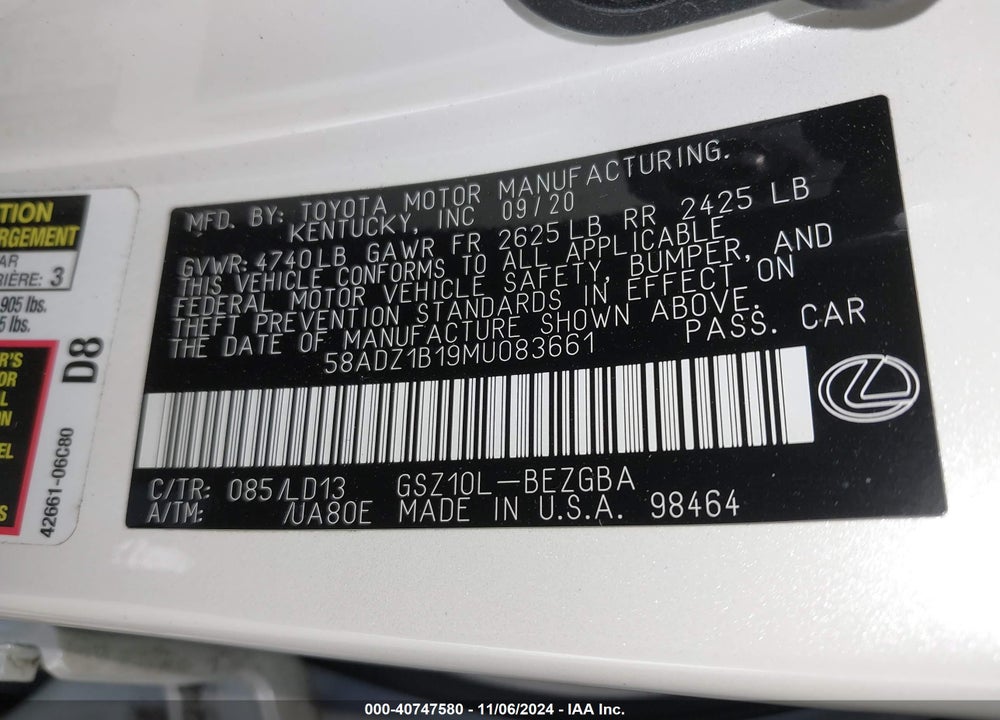 2021 LEXUS ES 350 VIN: 58ADZ1B19MU083661