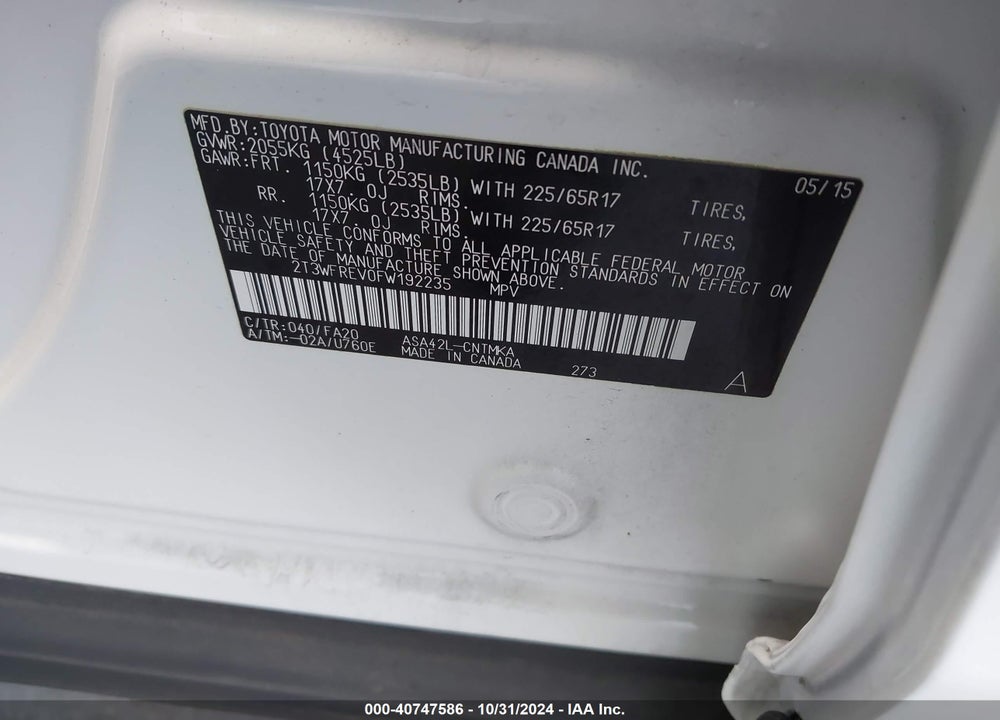 2015 TOYOTA RAV4 XLE VIN: 2T3WFREV0FW192235