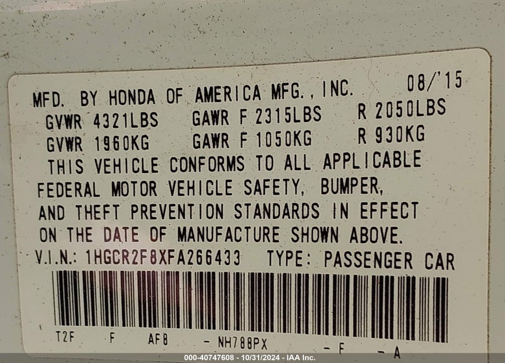 2015 HONDA ACCORD EX-L VIN: 1HGCR2F8XFA266433